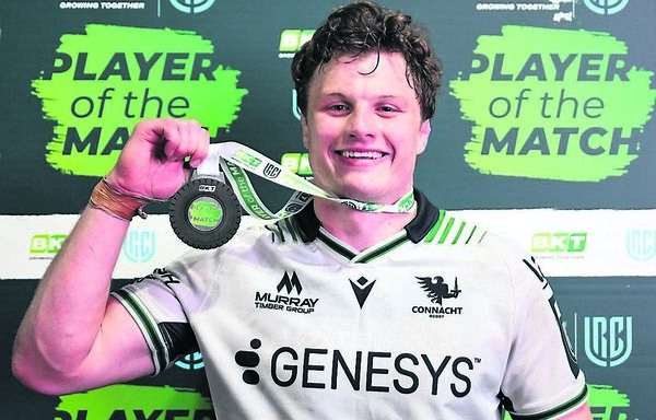Cian Prendergast is presented with the Player of the Match award after his side clinched a spot in the playoffs with a massive win away to Edinburgh. Photo: INPHO/Craig Watson. Cian Prendergast is presented with the Player of the Match award after his side clinched a spot in the playoffs with a massive win away to Edinburgh. Photo: INPHO/Craig Watson.